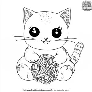 Kawaii Cat Playing with Yarn Coloring Pages