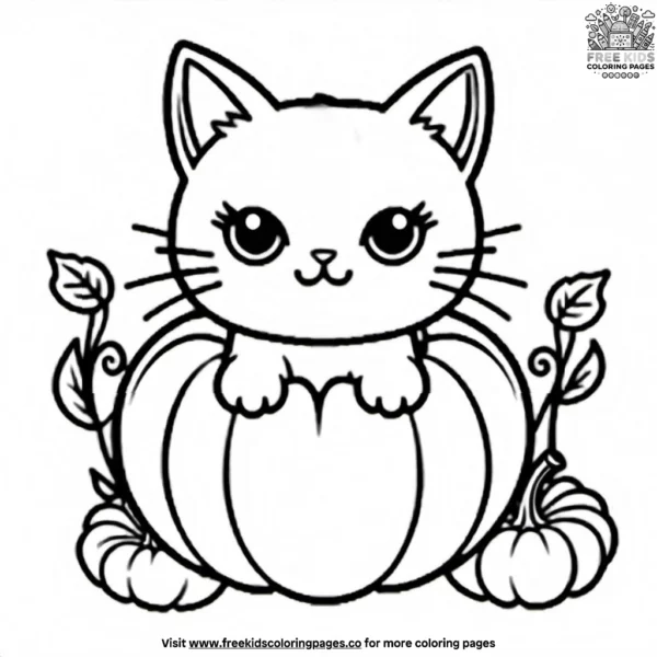 Kawaii cat sitting inside a pumpkin coloring pages