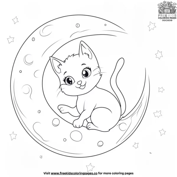 Kawaii cat sitting on a moon coloring pages