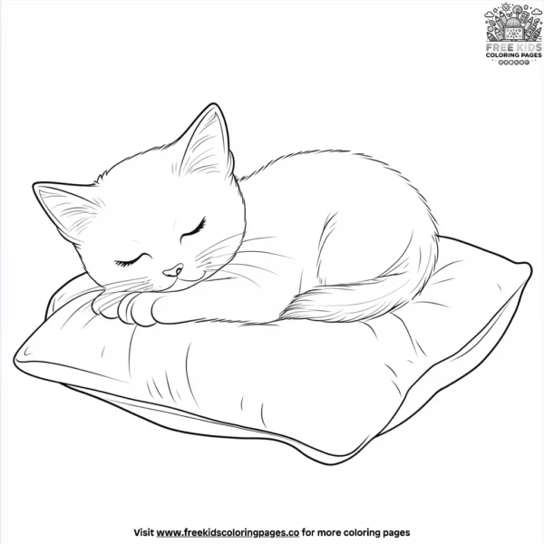 Kawaii cat sleeping on a pillow coloring pages