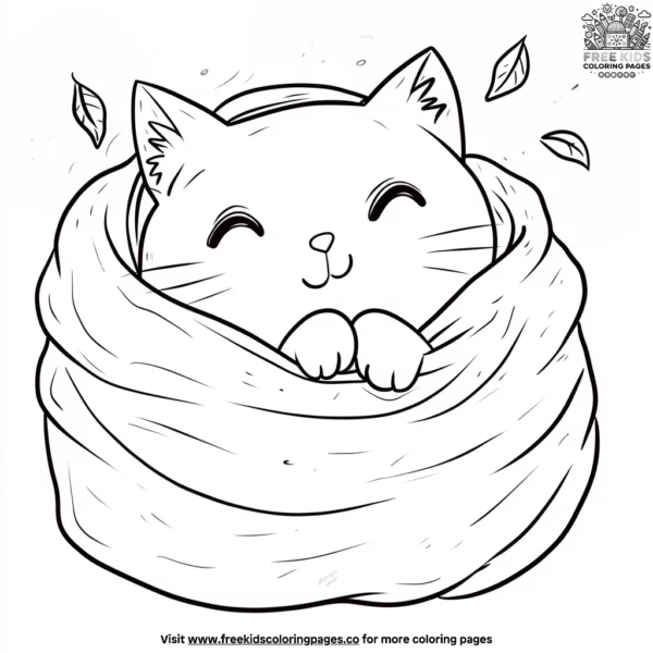 Kawaii cat in a cozy blanket coloring pages