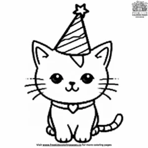 Kawaii Cat in a Party Hat Coloring Pages