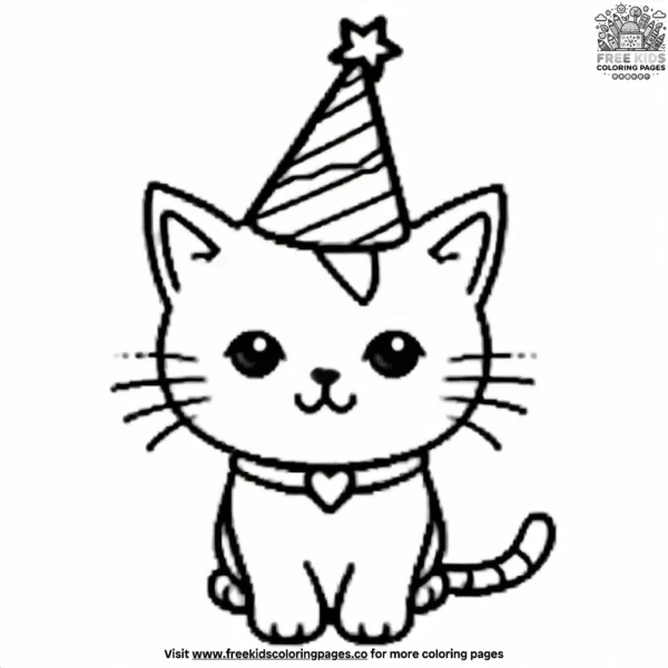 Kawaii cat in a party hat coloring pages