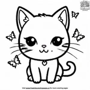 Kawaii Cat with Butterfly Friends Coloring Pages