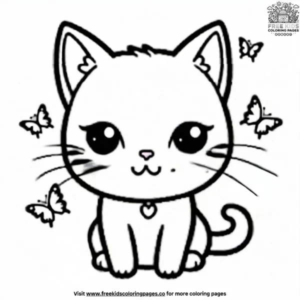 Kawaii cat with butterfly friends coloring pages