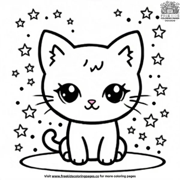 Kawaii cat with stars and sparkles coloring pages