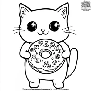 Kawaii Cat with a Giant Donut Coloring Pages