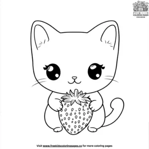 Kawaii Cat with a Strawberry Coloring Pages