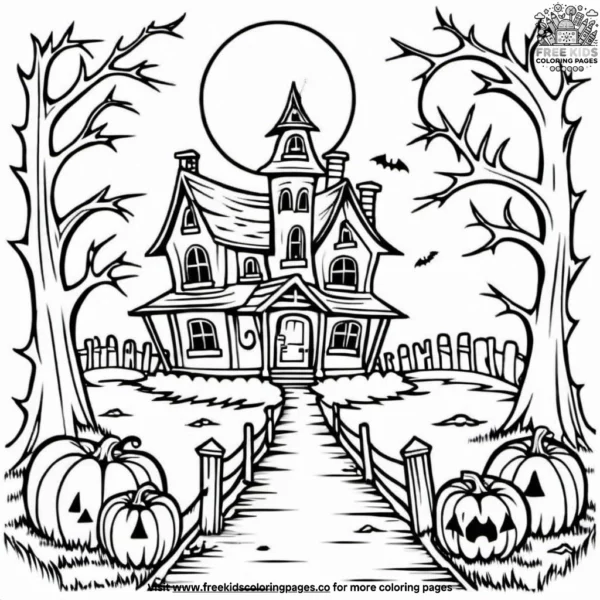 Lonely pathway to haunted house coloring pages