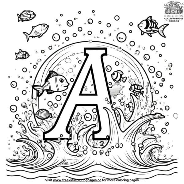 Ocean alphabet splash coloring pages