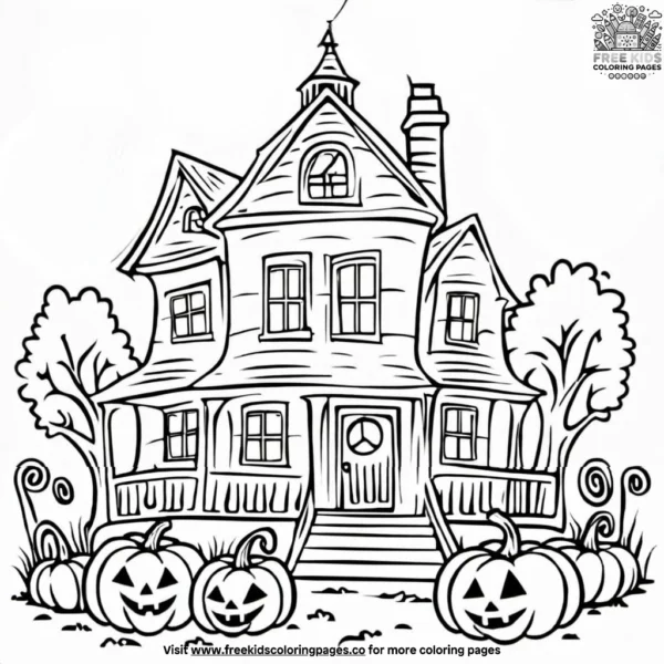 Old house with pumpkin decor coloring pages