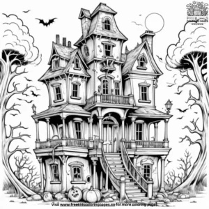 Old mansion with twisted trees coloring pages