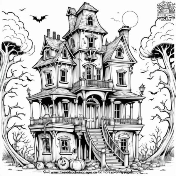 Old mansion with twisted trees coloring pages