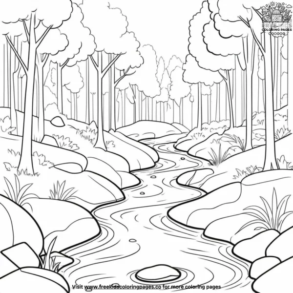 Peaceful forest stream coloring pages