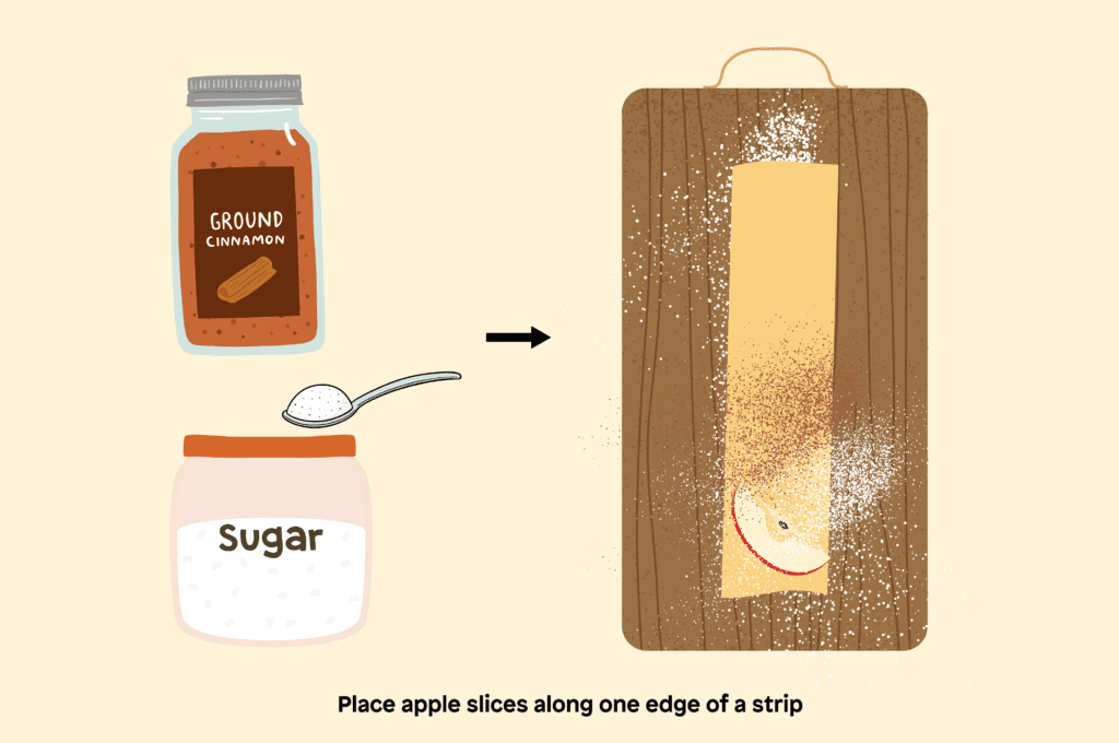 Place apple slices along one edge of a strip