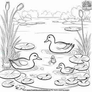 Playful Ducklings by the Pond Coloring Pages