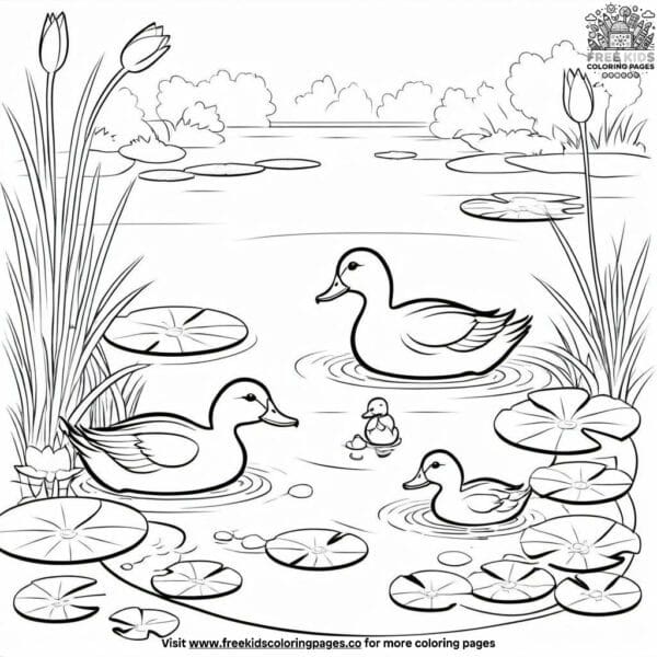 Playful ducklings by the pond coloring pages