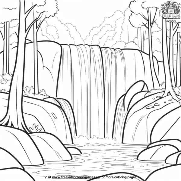 Rushing forest waterfall coloring pages