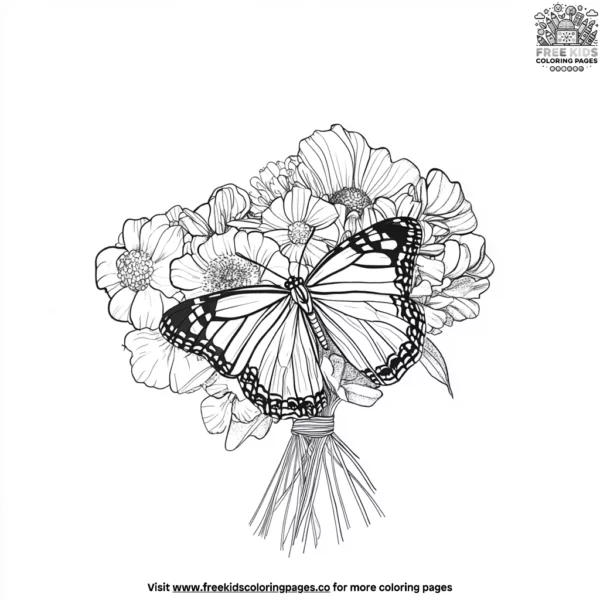 Simple butterfly and flower bouquet coloring pages