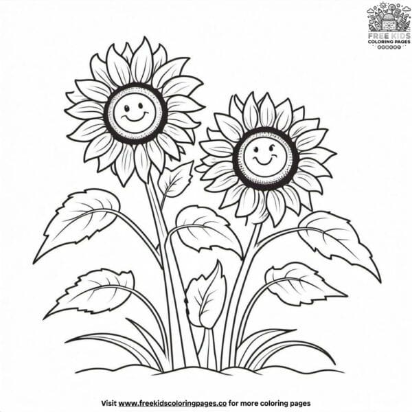 Smiling sunflowers in the breeze coloring pages