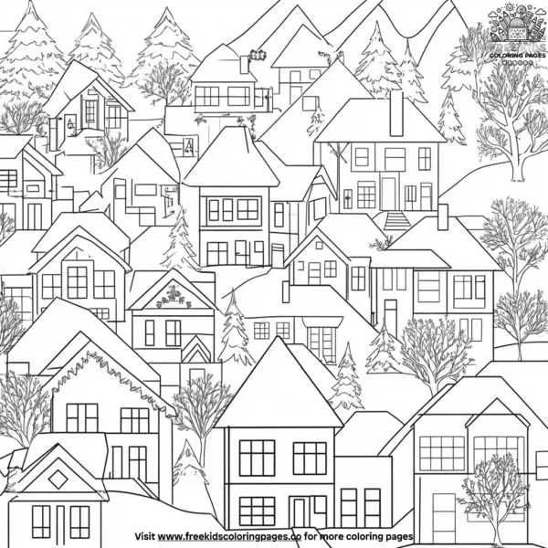 Snowy village scenes coloring pages