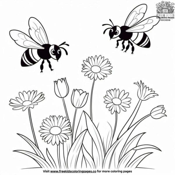 Spring blossoms and bees coloring pages