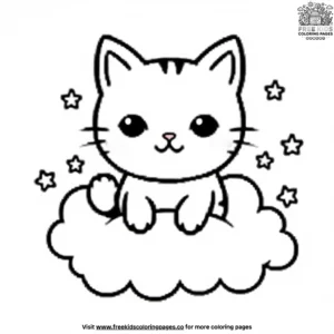 Kawaii Cat Floating on a Cloud Coloring Pages