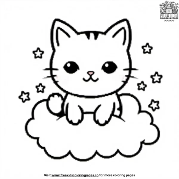 Kawaii cat floating on a cloud coloring pages