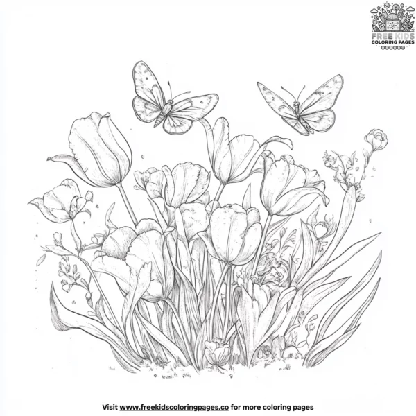 Tiny butterflies and tulip garden coloring pages