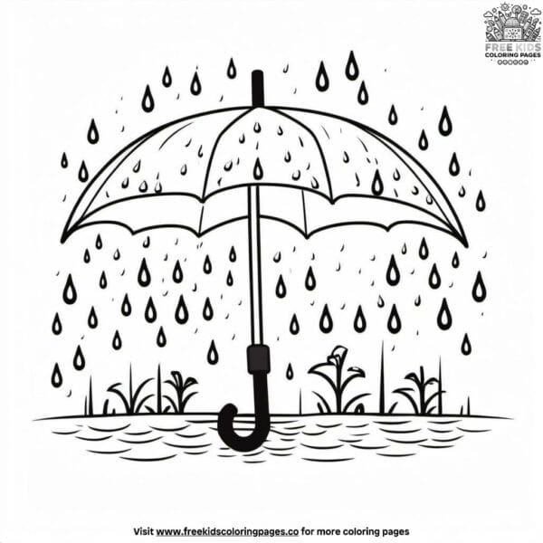 Umbrella and raindrops coloring pages