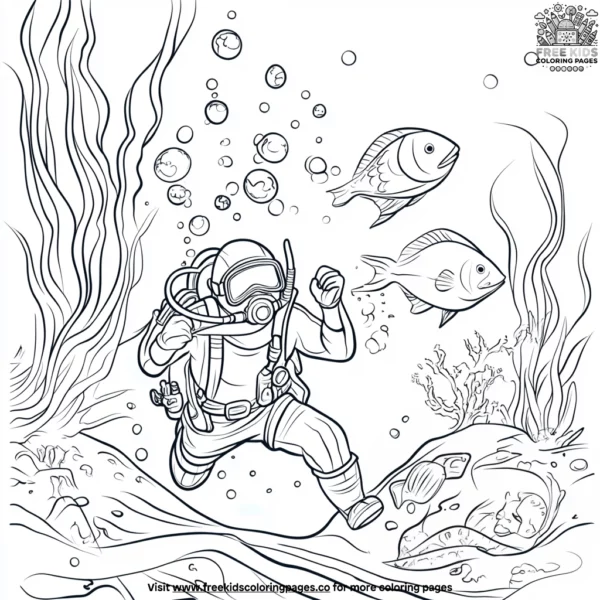 Underwater diver and fish coloring pages