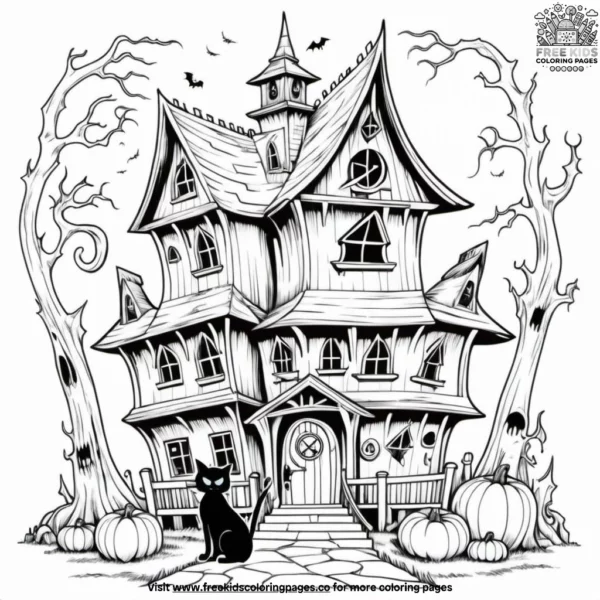 Witch’s cat guarding the haunted house coloring pages