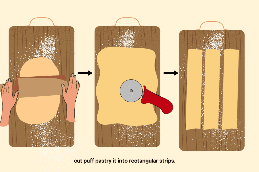 Cut puff pastry it into rectangular strips