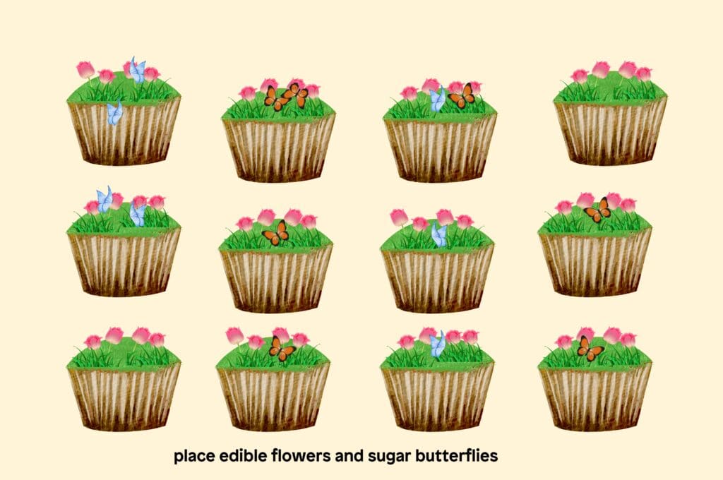 Place edible flowers and sugar butterflies