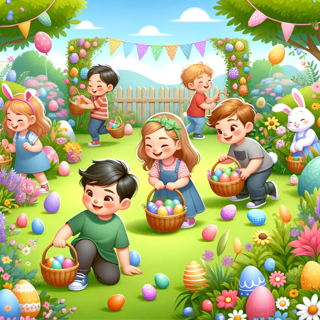 DALL·E 2024 06 07 11 37 31 A child friendly Easter scene with children participating in an Easter egg hunt The kids are excitedly searching for colorful eggs hidden around a ga (1)