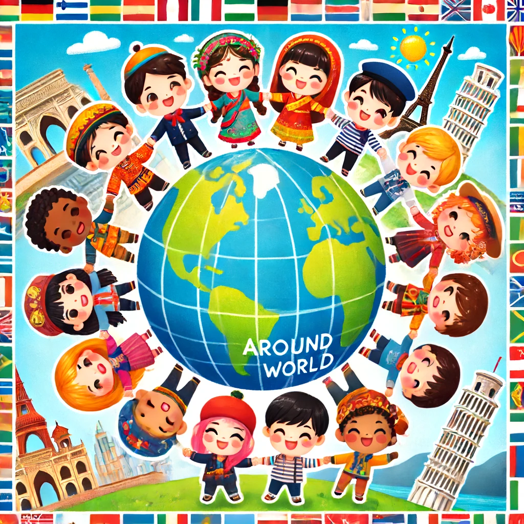 DALL·E 2024 06 14 12 06 55 A child friendly square image illustrating around the world The image features a globe in the center with children from different countries holdin