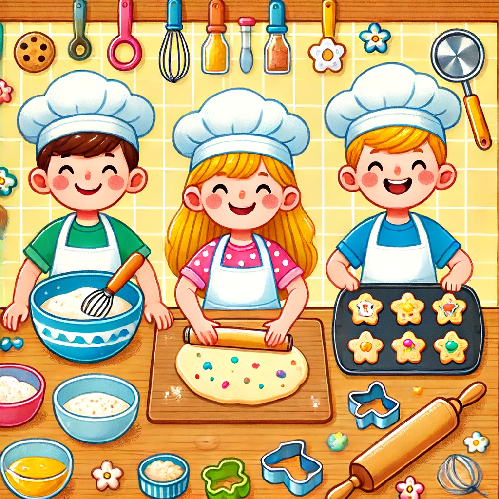 DALL·E 2024 06 14 12 08 33 A child friendly square image illustrating a baking scene The image features happy children wearing aprons and chef hats standing around a kitchen