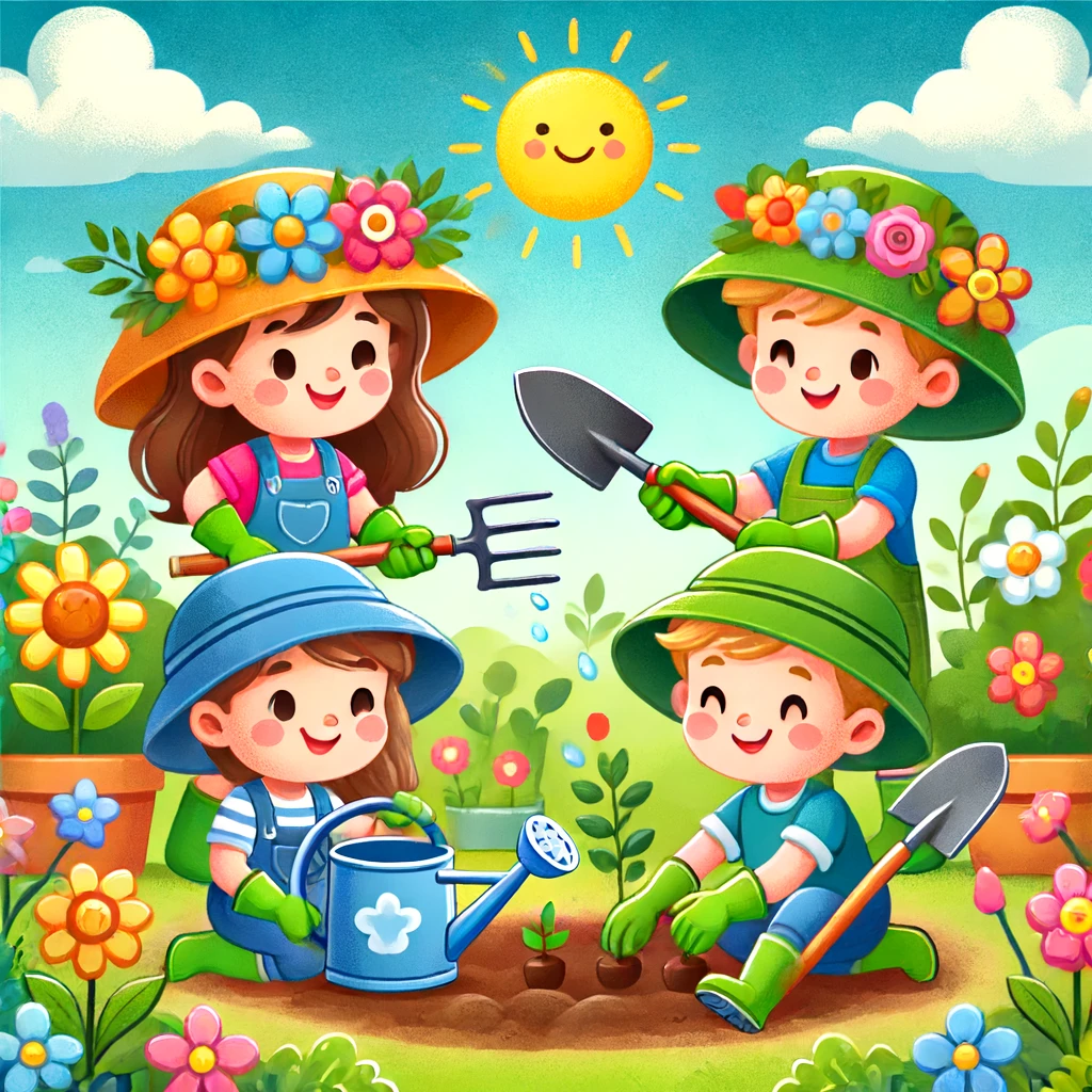 DALL·E 2024 06 14 12 38 45 A child friendly square image illustrating a gardening scene The image features happy children wearing gardening hats and gloves planting flowers a