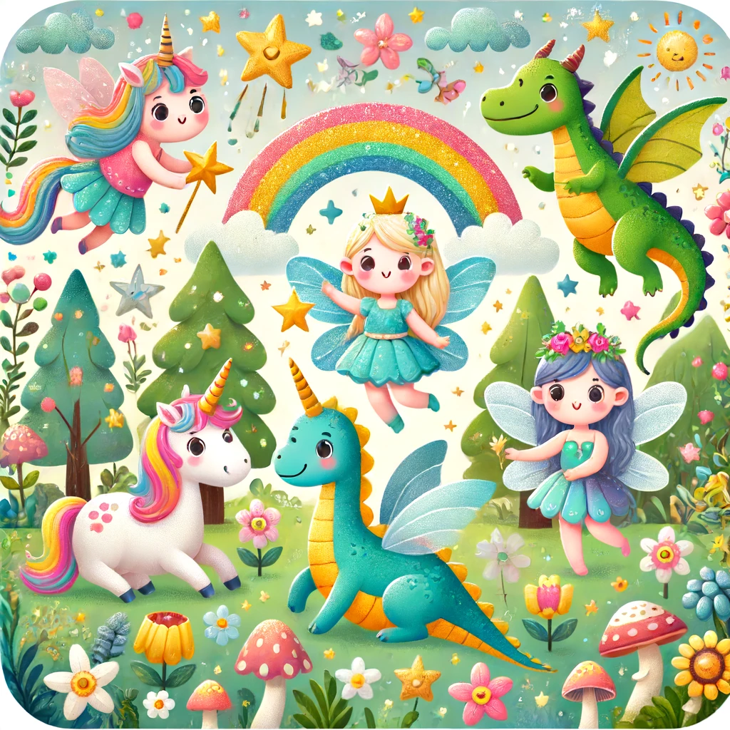 DALL·E 2024 06 14 13 55 11 A child friendly square image illustrating magical creatures The image features a variety of colorful and whimsical creatures such as a unicorn a f