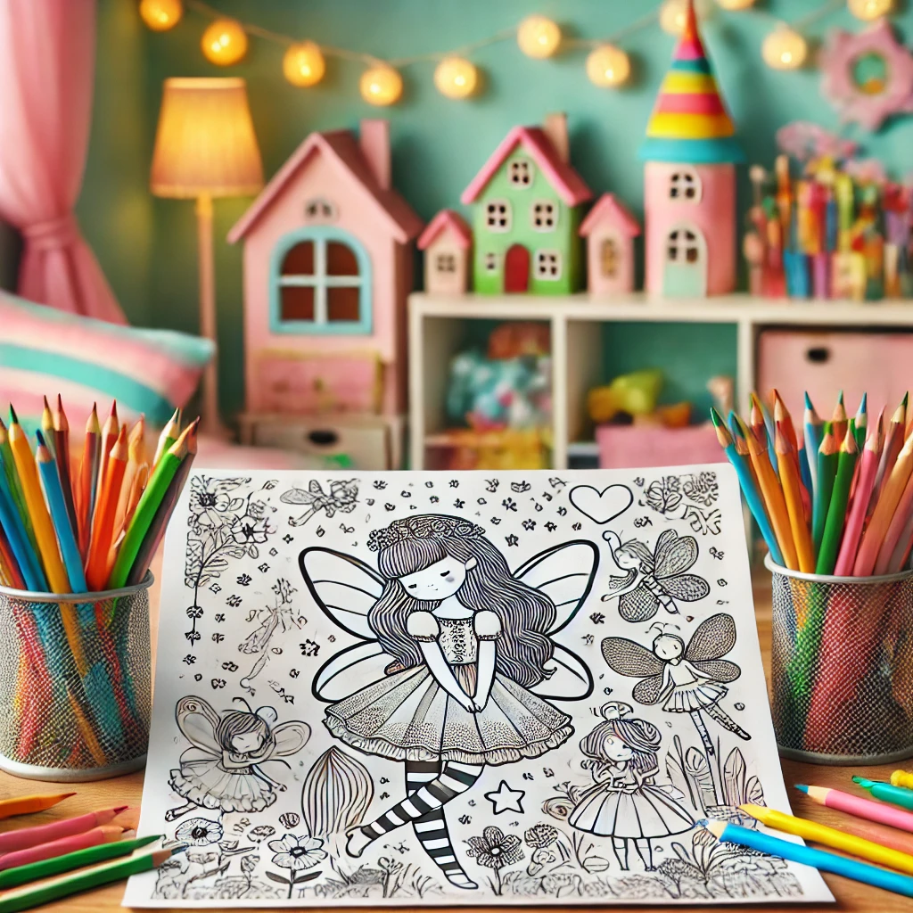 Dall·e 2024 11 05 12 30 01 a whimsical scene of a fairy tale coloring page on a child’s desk, surrounded by colored pencils, markers, and crayons the environment is playful and