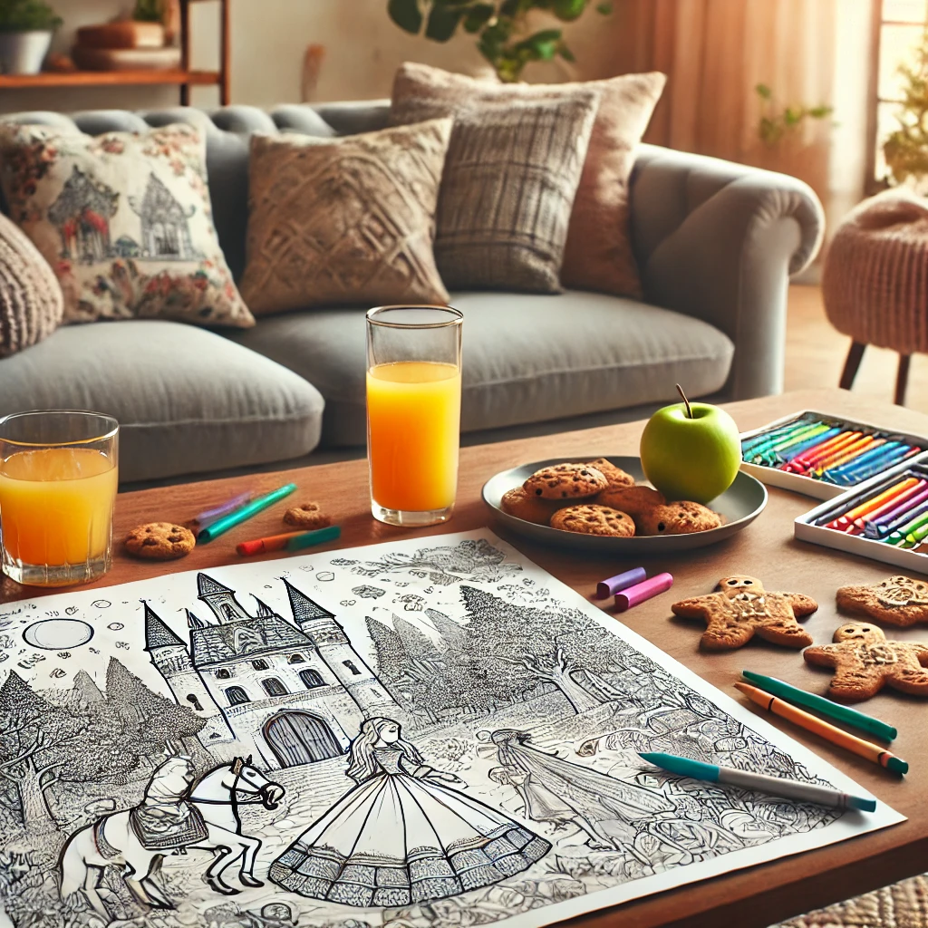 Dall·e 2024 11 05 16 54 57 a cozy family setting featuring a coloring page with fairy tale illustrations spread out on a coffee table nearby, there’s a glass of juice, a small