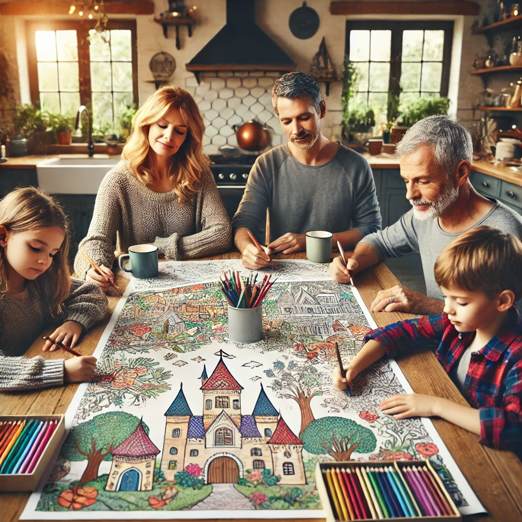 Dall·e 2024 11 05 16 56 25 a warm, inviting kitchen scene with a family gathered around a large table, each working on a different section of a large fairy tale themed coloring