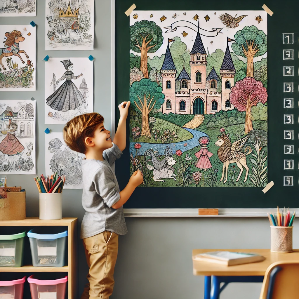 Dall·e 2024 11 05 16 59 44 a classroom scene with a child pinning their finished fairy tale themed coloring page on a chalkboard, displaying their artwork proudly the coloring