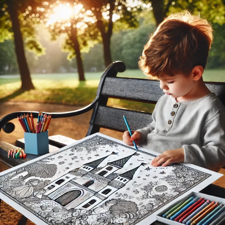 A child sitting comfortably on a park bench, engrossed in coloring a fairy tale themed coloring page, with the page itself in focus the coloring page