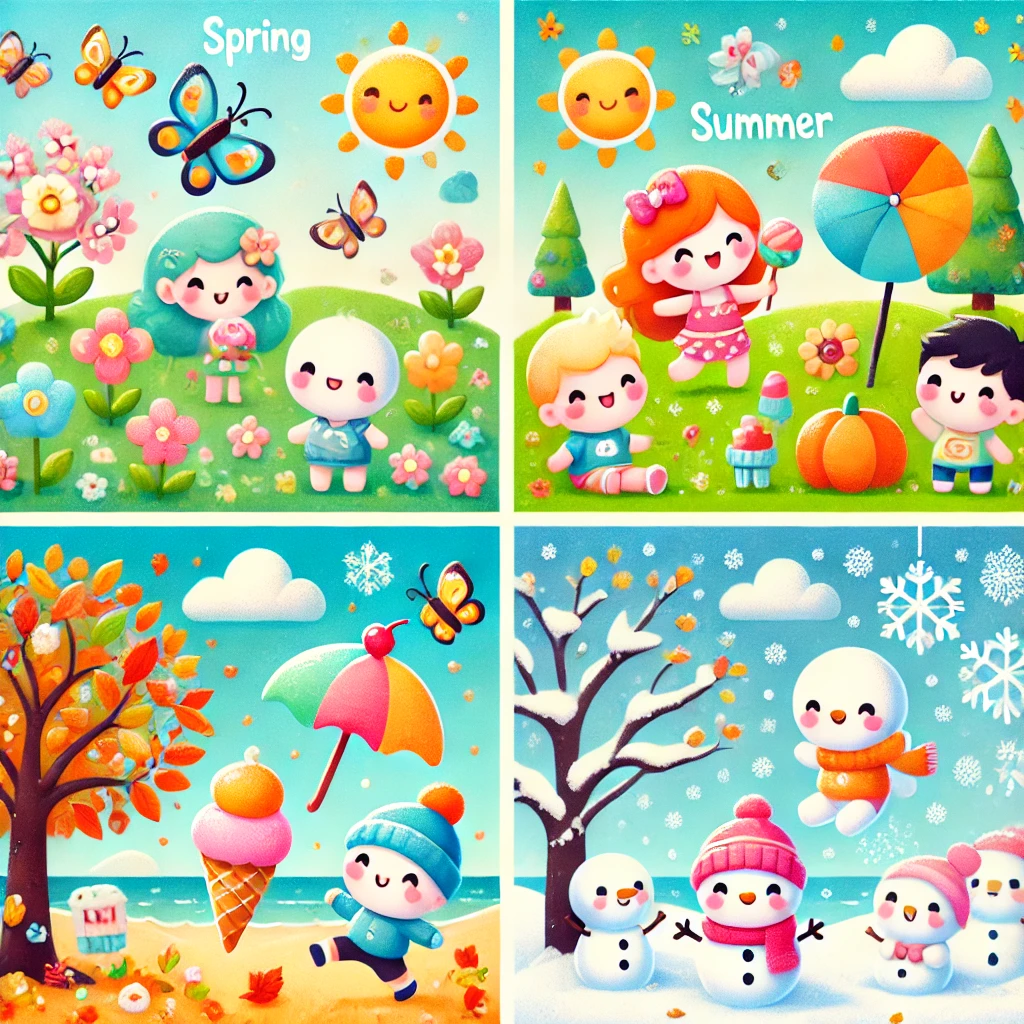 DALL·E 2024 11 18 14 25 23 A vibrant and adorable illustration representing the four seasons with a cute and kiddish theme Spring is depicted with blooming flowers, butterflies