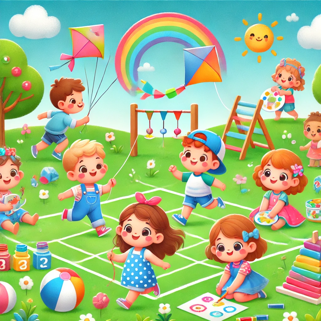 DALL·E 2024 11 18 14 31 15 A playful and adorable illustration of children engaging in various fun games and activities, designed in a cute and kiddish style The scene includes