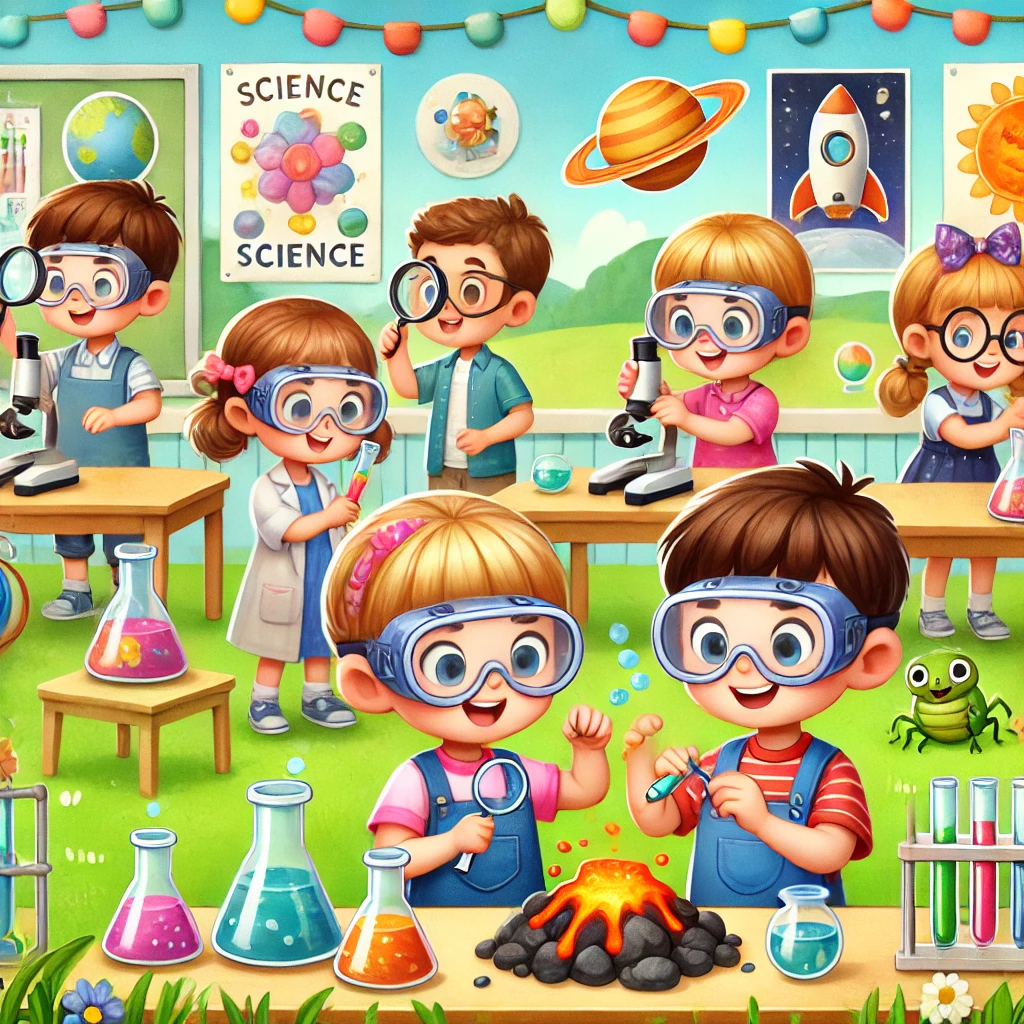 DALL·E 2024 11 18 14 32 50 A charming and kiddish illustration of children engaged in fun science activities The scene includes kids wearing safety goggles conducting simple ex