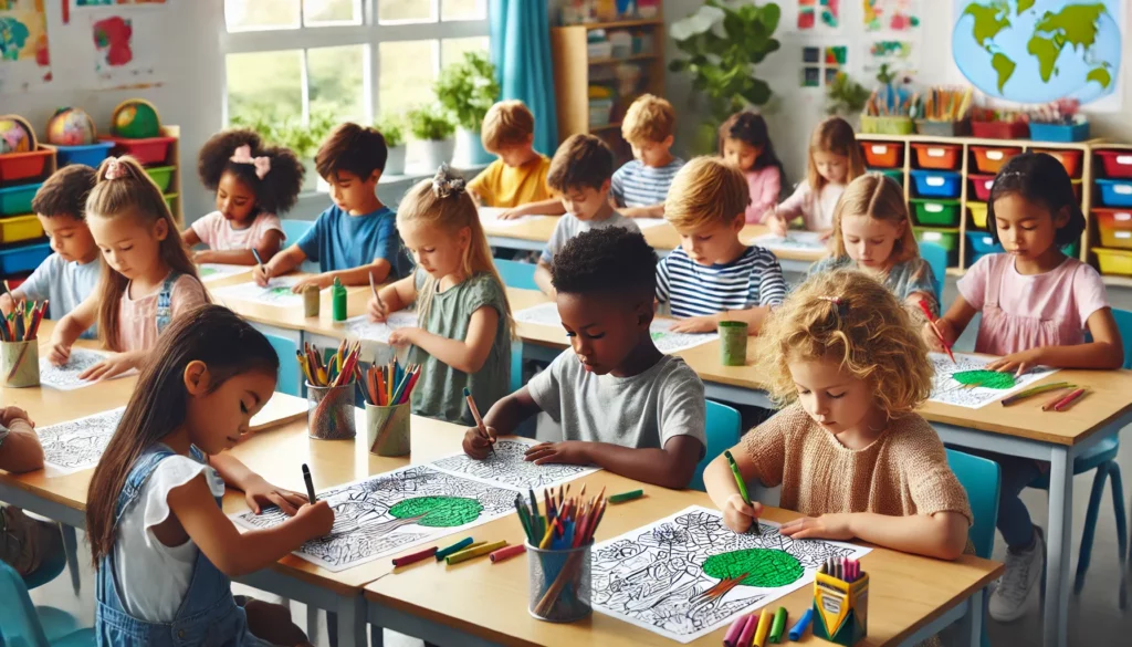 Dall·e 2024 11 22 18 20 02 a group of diverse children sitting at desks in a bright, cheerful classroom, all focused on coloring the same nature themed coloring page each child