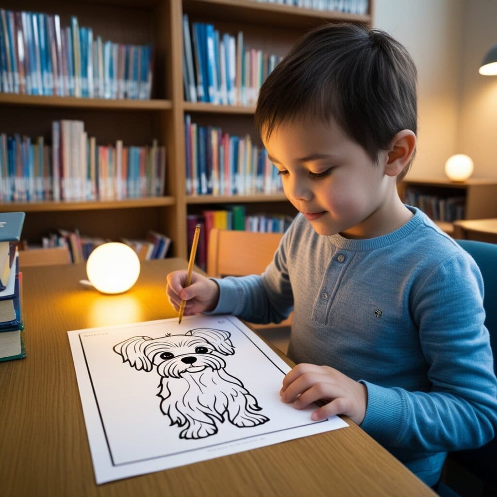 Leonardo phoenix create a square image of a child in a quiet l 0dog coloring pages