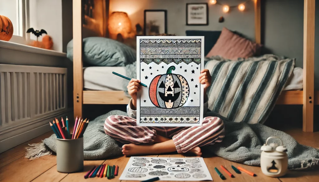 Spooky coloring pages with child holding a finished coloring page